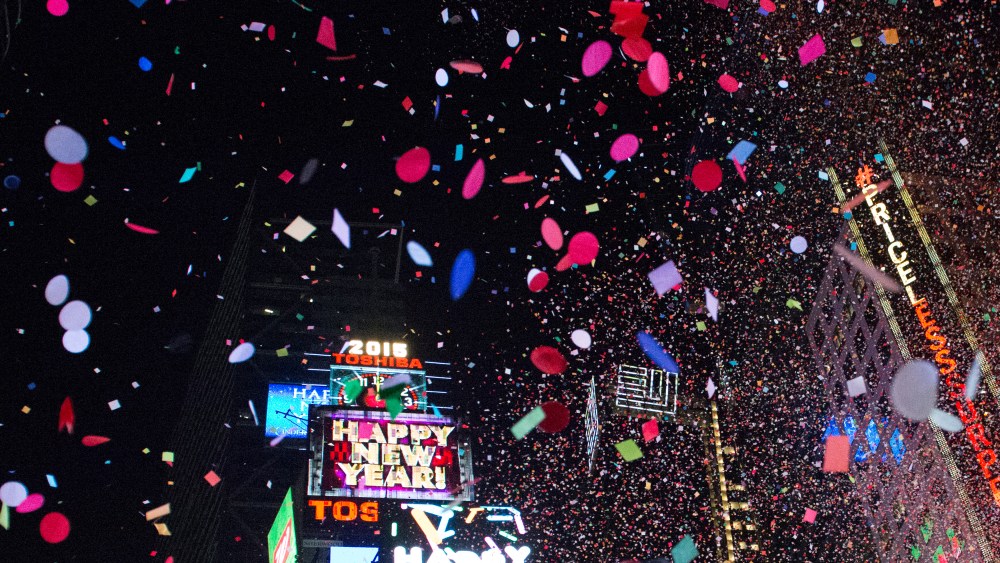 Confetti drops as the clock strikes midnight during New Year's Eve celebrations in Times Square, New York