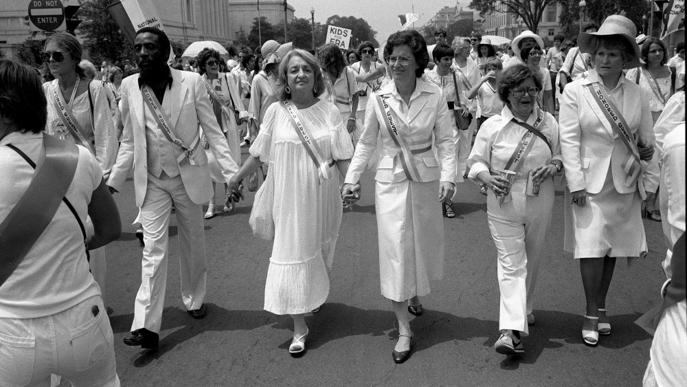 Leading supporters of the Equal Rights Amendment march in Washington on Sunday, July 9, 1978, urging Congress to extend the time for ratification of the ERA.  From left: Gloria Steinem, Dick Gregory, Betty Friedan, Rep. Elizabeth Holtzman, D-N.Y., Rep....