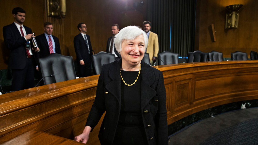 Janet Yellen smiles after finishing her confirmation hearing, Nov. 14, 2013.