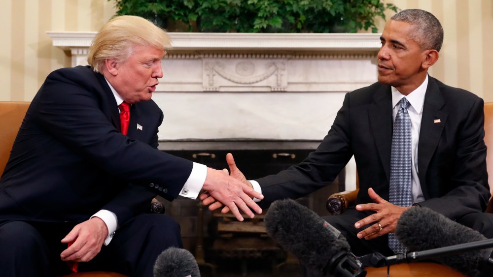 President Barack Obama and President-elect Donald Trump shake hands