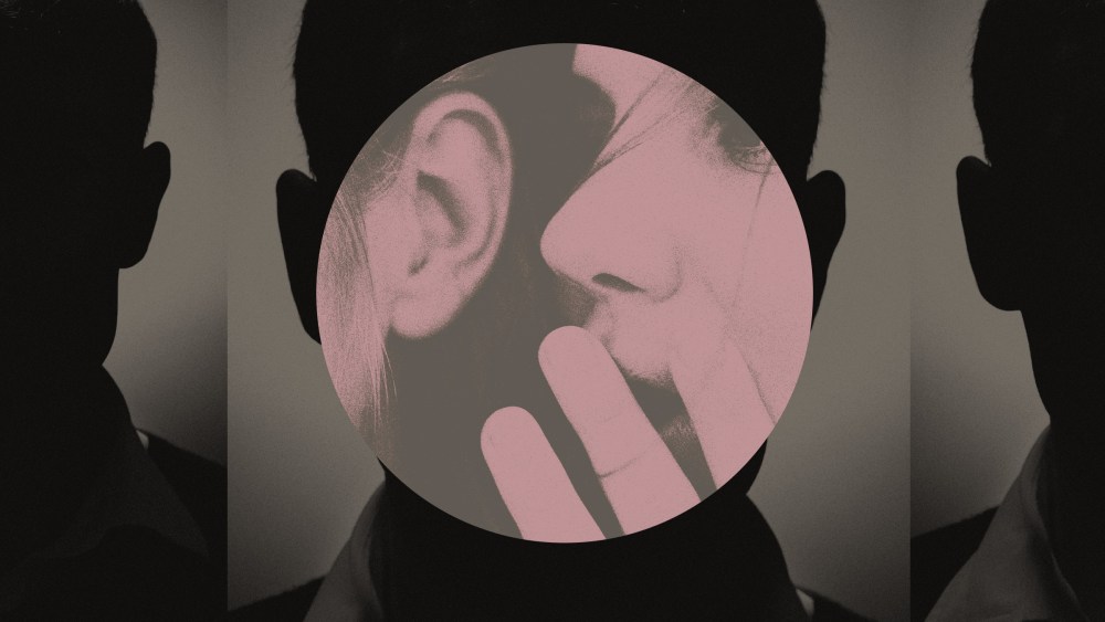 Photo illustration of shadowy man overlaid with image of woman whispering