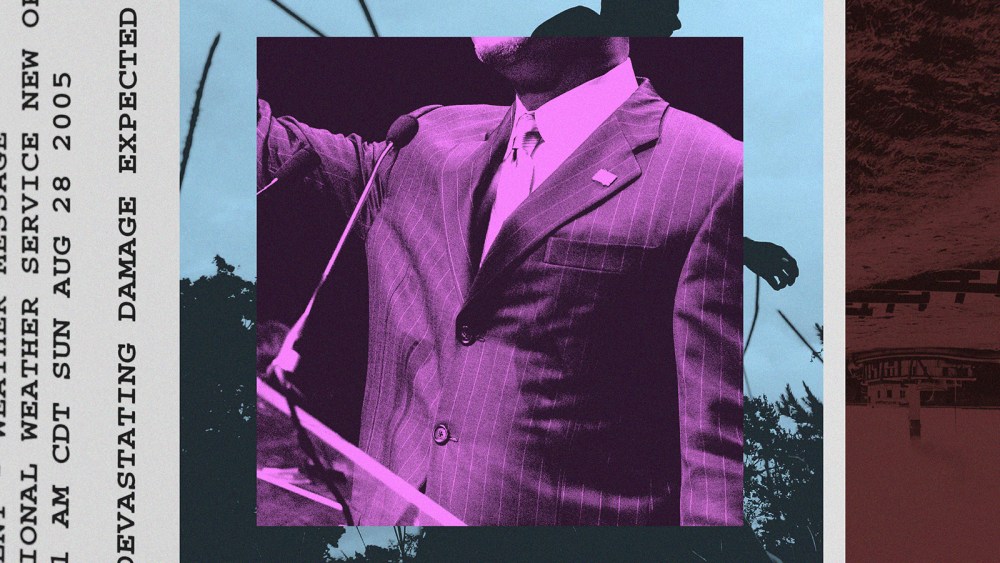 Photo collage of a man standing at a microphone alongside text that reads "devastating damage expected"