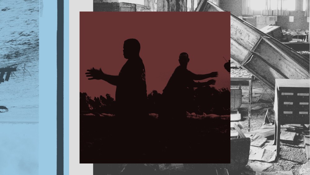 Photo collage of silhouettes against a backdrop of destruction from Hurricane Katrina