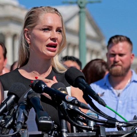 Anouska De Georgiou speaks at a news conference with other alleged victims of disgraced financier and sex trafficker Jeffrey Epstein outside the Capitol on Sept. 3, 2025.