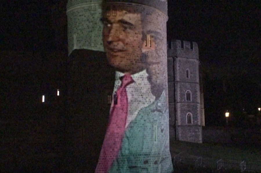 An image of Donald Trump and Jeffrey Epstein is projected onto a tower of Windsor Castle by activists from the British group Led by Donkeys on Sept. 16, 2025.