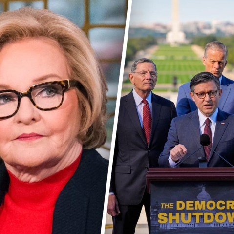 Claire McCaskill; House Speaker Mike Johnson leads a news conference about the government shutdown.