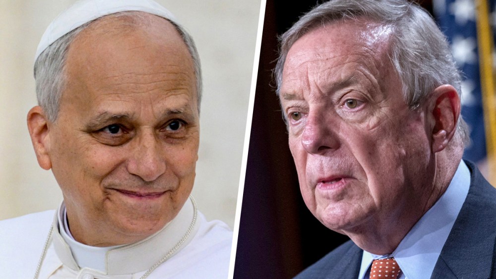 A split composite of Dick Durbin and Pope Leo.