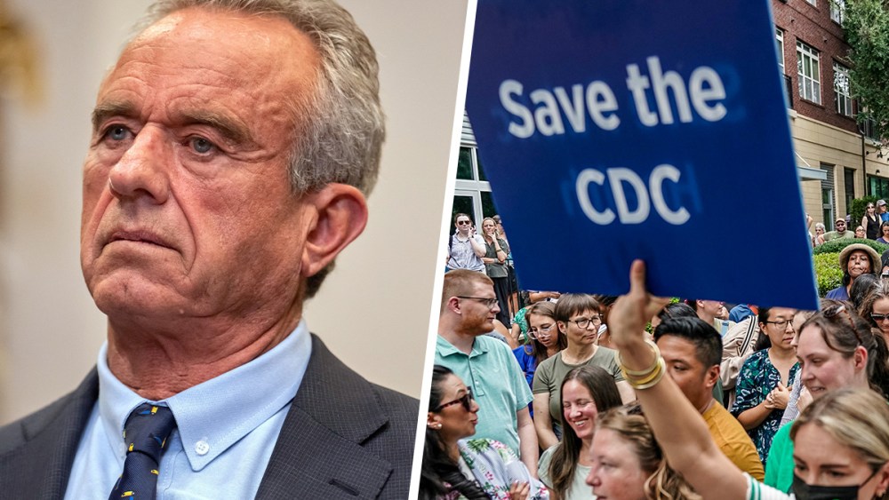 A split composite of Robert F. Kennedy Jr. and signage of the CDC.