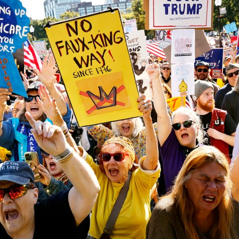 Crowd cheers during the "No Kings" rally on Boston Common on Oct. 18, 2025.