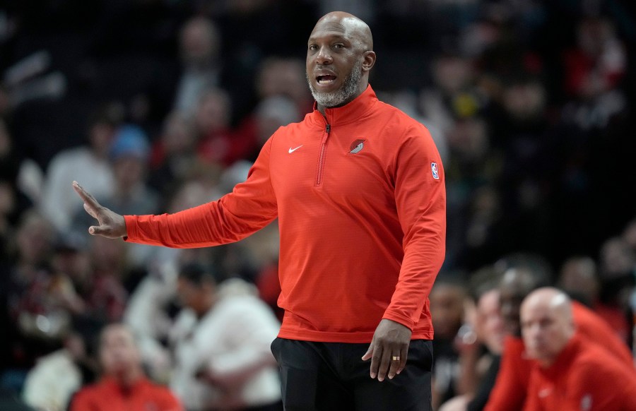 Head coach Chauncey Billups of the Portland Trail Blazers gives direction to his team during a game against the Phoenix Suns.