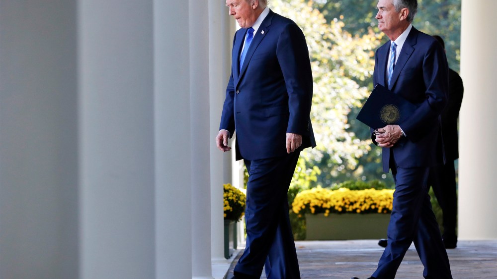 Donald Trump and Jerome Powell on in the Rose Garden of the White House.