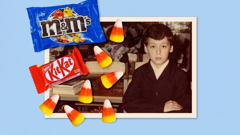 A photo illustration of a photograph of the author overlayed with Halloween candy.