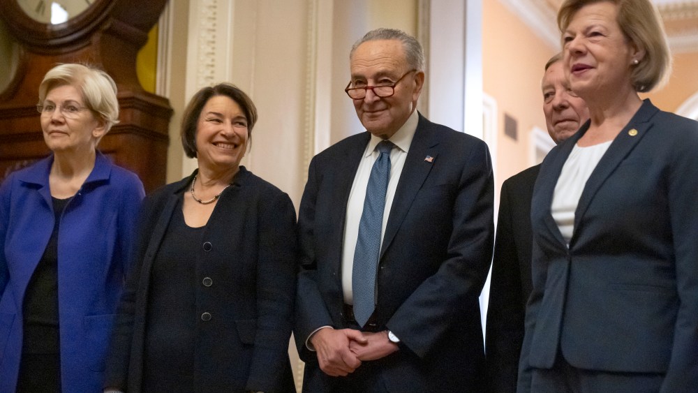 Sen. Elizabeth Warren, Sen. Amy Klobuchar, Senate Majority Leader Chuck Schumer of N.Y., Sen. Dick Durbin, and Sen. Tammy Baldwin.