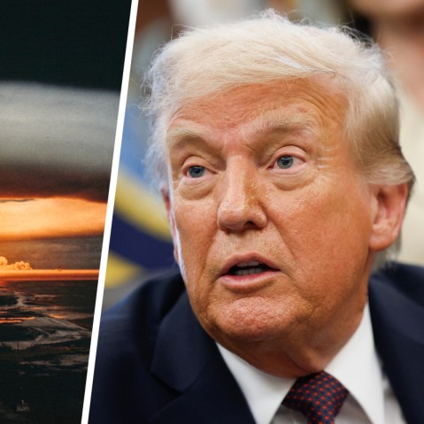 Nuclear explosion and atomic mushroom cloud; Donald Trump.