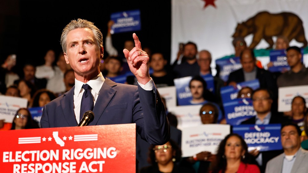 California Governor Gavin Newsom speaks about the “Election Rigging Response Act”  in Los Angeles.