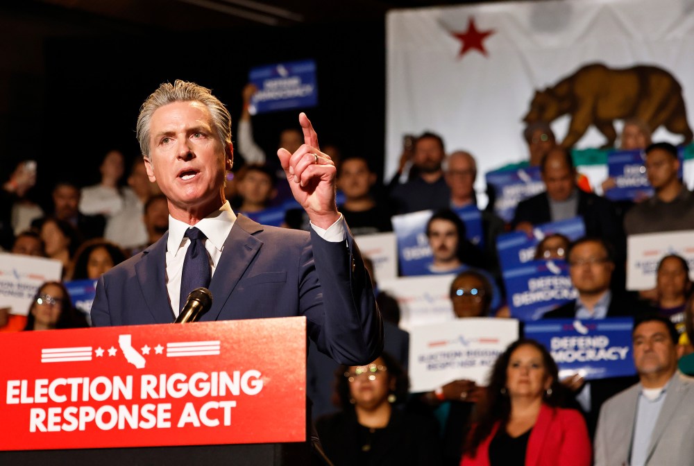 California Governor Gavin Newsom speaks about the “Election Rigging Response Act” in Los Angeles.
