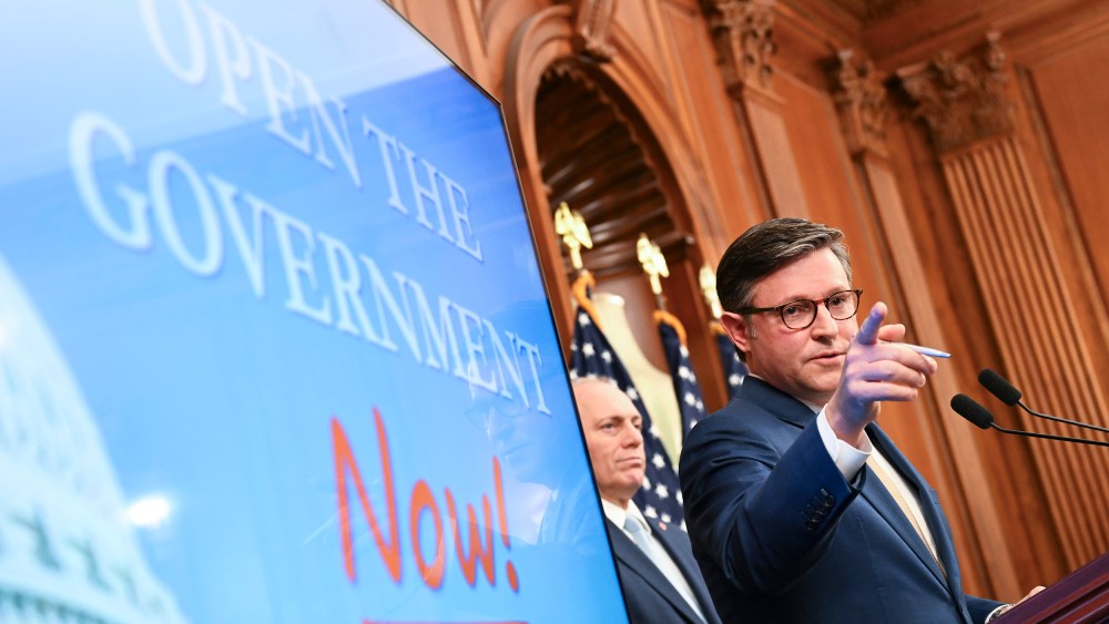 Mike Johnson during a press conference on Capitol Hill.