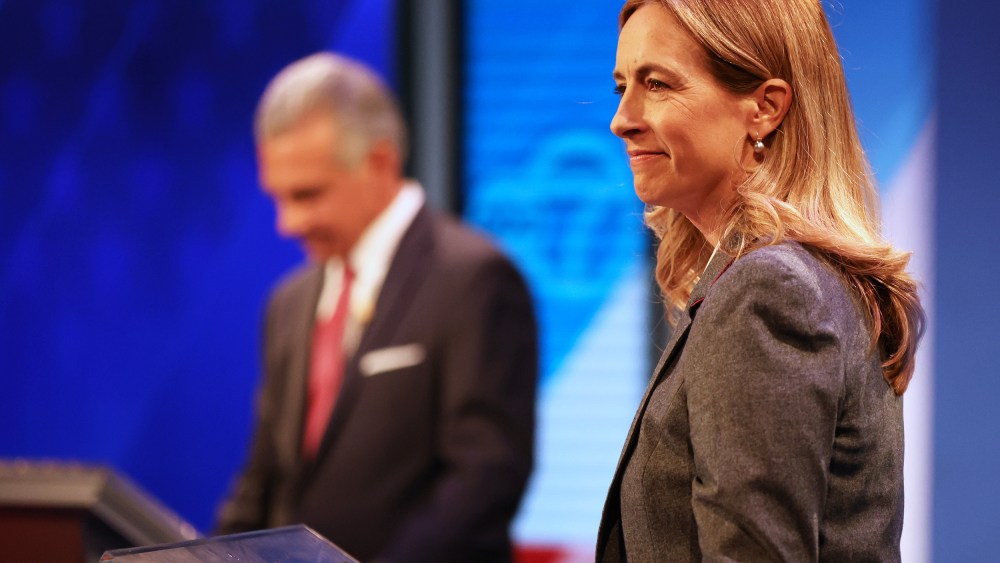 Jack Ciattarelli, left, and Mikie Sherrill at the final debate in the governor's race in New Brunswick, N.J., on Oct. 8, 2025.