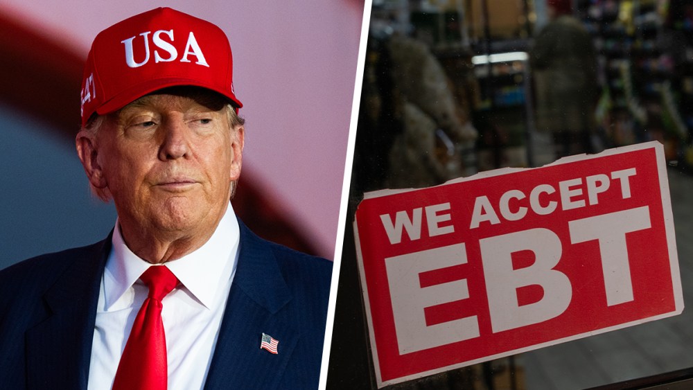 Donald Trump; a sign accepting EBT cards for SNAP purchases.