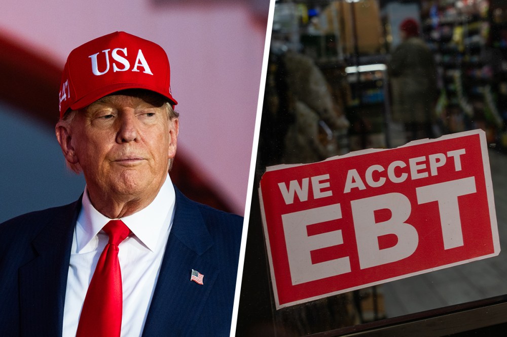 Donald Trump; a sign accepting EBT cards for SNAP purchases.