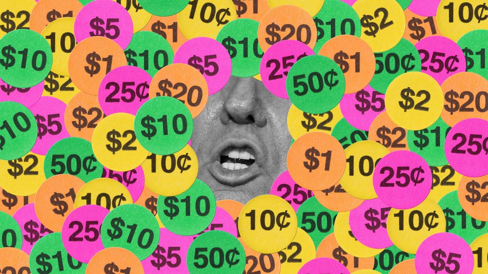 A photo of Trump surrounded by price stickers.