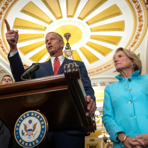 Senate Majority Leader John Thune speaks to reporters in D.C.