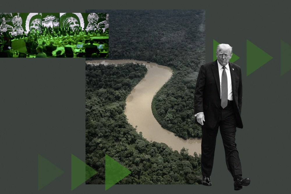 A photo illustration that includes a photo from COP30, a photo of the Amazon region and a photo of Donald Trump.
