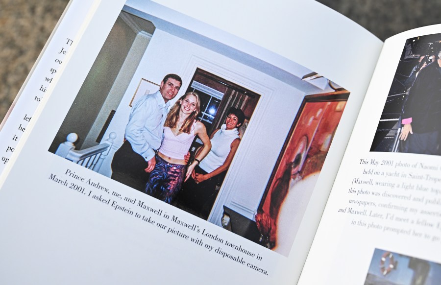 A photo of Prince Andrew, Virginia Roberts Giuffre, and Ghislaine Maxwell in Virginia Roberts Giuffre's memoir 