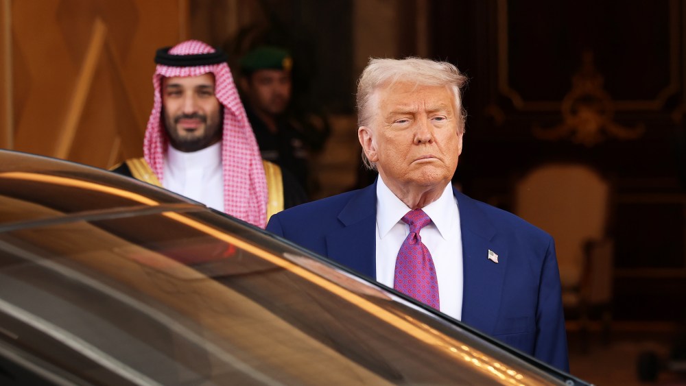U.S. President Donald J. Trump leaves the Saudi Royal Court with Saudi Crown Prince Mohammed bin Salman.