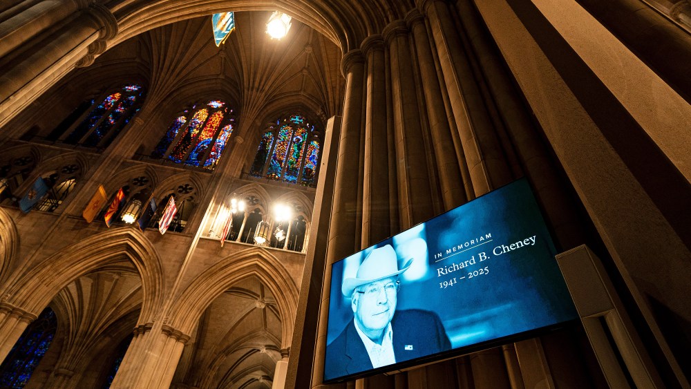 A memoriam sign at the Washington National Cathedral prior to the funeral service of late former US Vice President Dick Cheney.