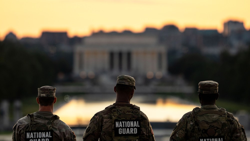 Members of the National Guard near the Washington Monument.