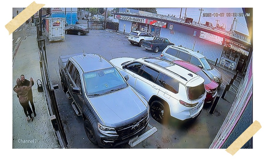 Surveillance footage still from one of the businesses in the strip mall showing Ventura dancing on the sidewalk with a friend at 8:40 a.m.