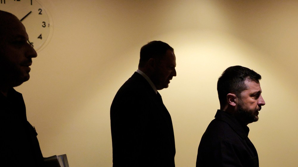 Volodymyr Zelenskyy walks to a bilateral meeting with Donald Trump at the United Nations General Assembly.