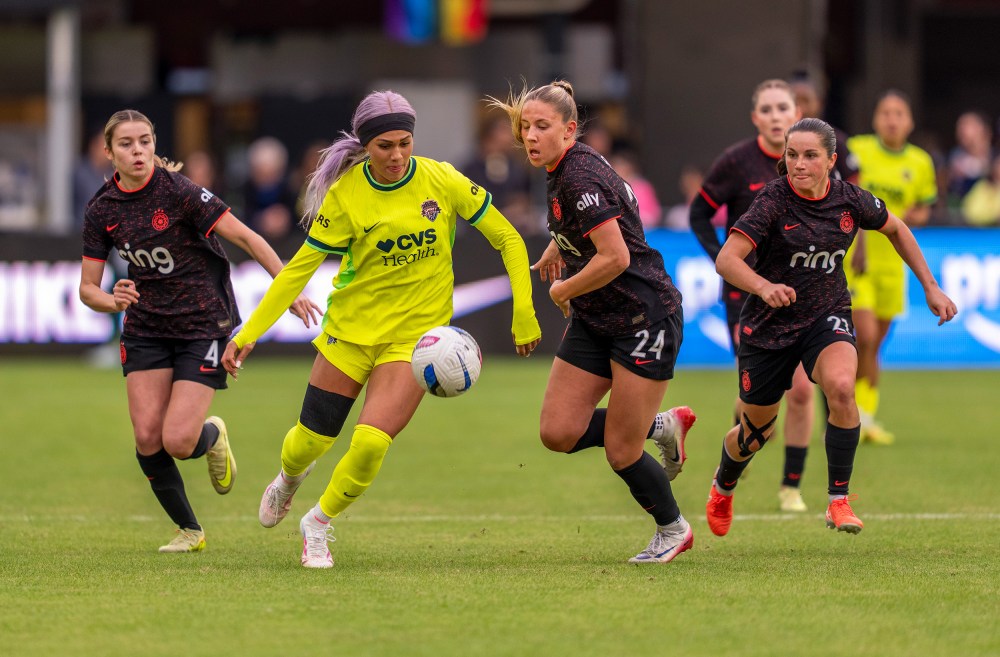 Trinity Rodman, second from left, of the Washington Spirit during a game against Portland Thorns FC in Washington, D.C.