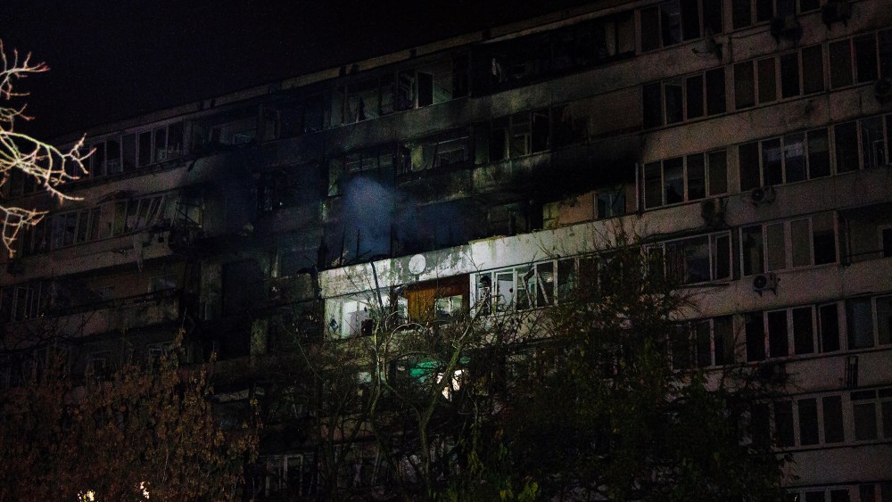 A residential mid-rise is damaged during Russia's combined air attack in Kyiv, Ukraine.