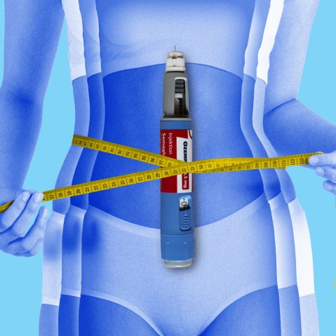 An Ozempic needle overlayed on a woman