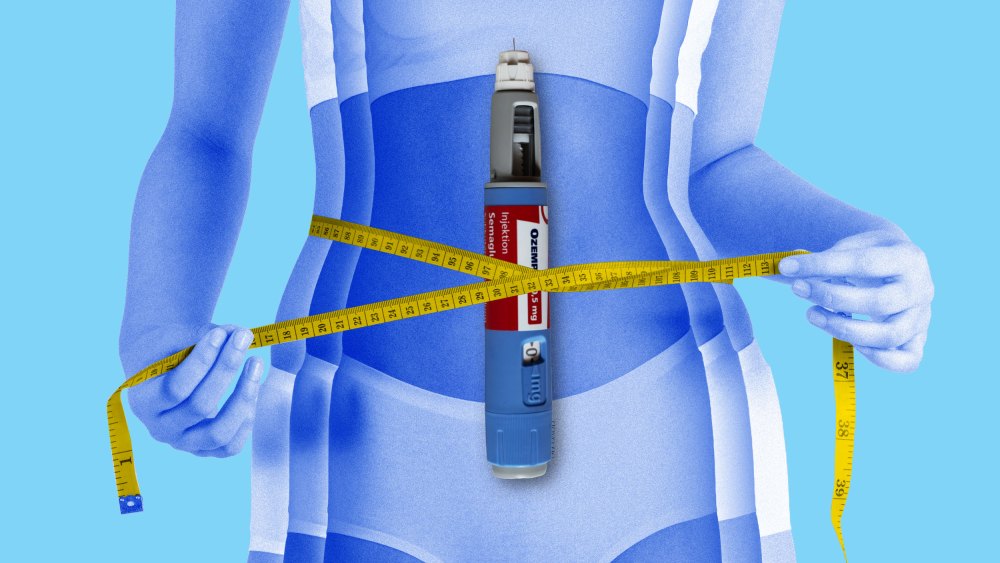 An Ozempic needle overlayed on a woman
