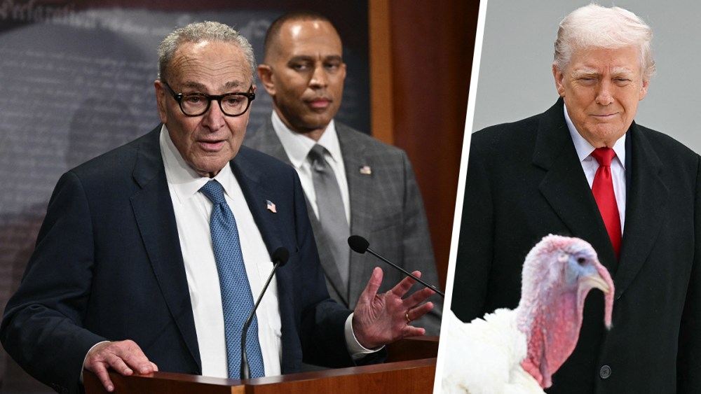 Chuck Schumer and Hakeem Jeffries; Donald Trump and Gobble, one of the National Thanksgiving turkeys.