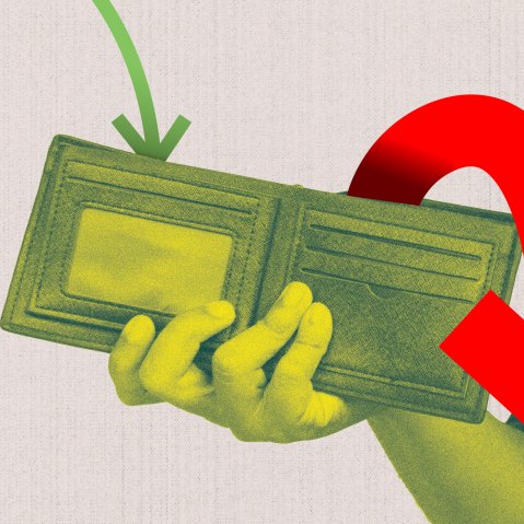 An empty wallet with a small arrow going in, and a larger arrow coming out