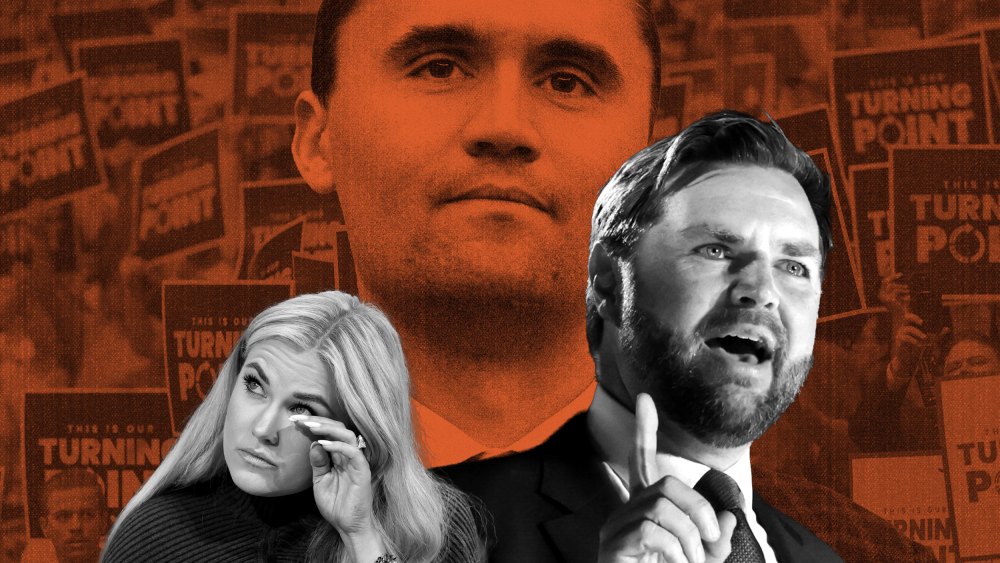 a collage showing Charlie Kirk, Erika Kirk, and JD Vance in front of Turning Point USA supporters