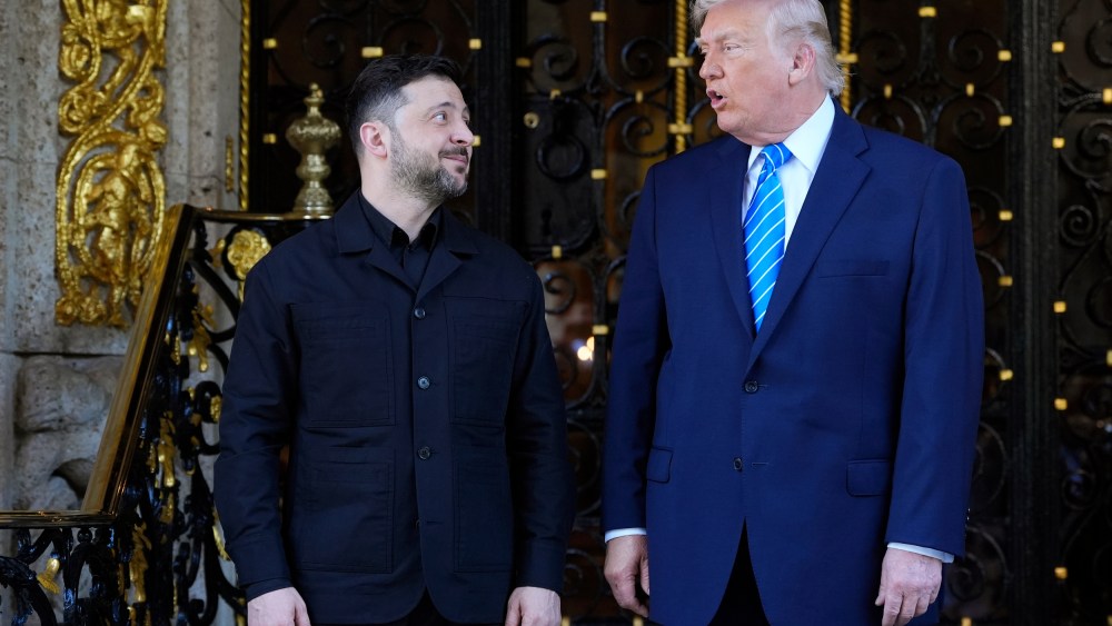 President Donald Trump greets Ukraine's President Volodymyr Zelenskyy.
