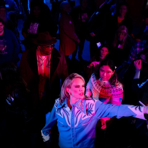 Democrat Aftyn Behn interacts with supporters after delivering her concession speech at an election-night watch party at Marathon Music Works on Dec. 2, 2025 in Nashville, TN.