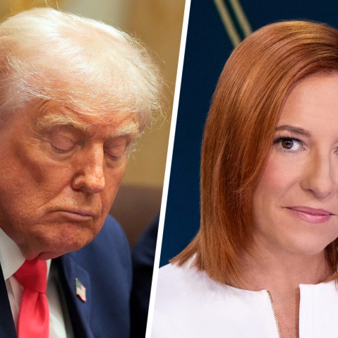 Donald Trump with his eyes closed during a meeting; Jen Psaki.