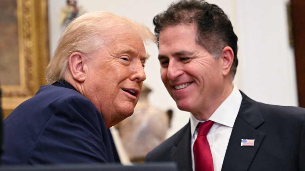 President Donald Trump announces a $6.25 billion donation from Michael Dell, right, CEO of Dell Technologies and his wife Susan to “Trump Accounts,” in the Roosevelt Room of the White House in Washington, D.C. on Dec. 2, 2025.