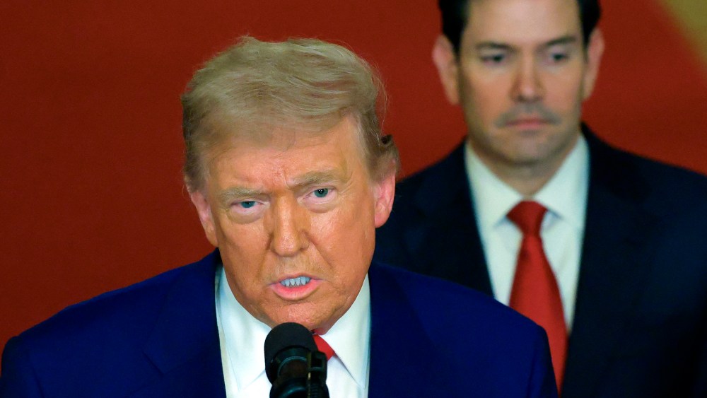 President Donald Trump addresses the nation alongside Secretary of State Marco Rubio from the White House on June 21, 2025.