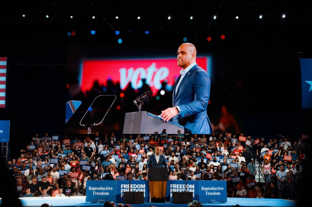 Then Democratic U.S. Senate candidate, U.S. Rep. Colin Allred (D-TX) speaks at a campaign rally for Democratic presidential nominee, Vice President Kamala Harris