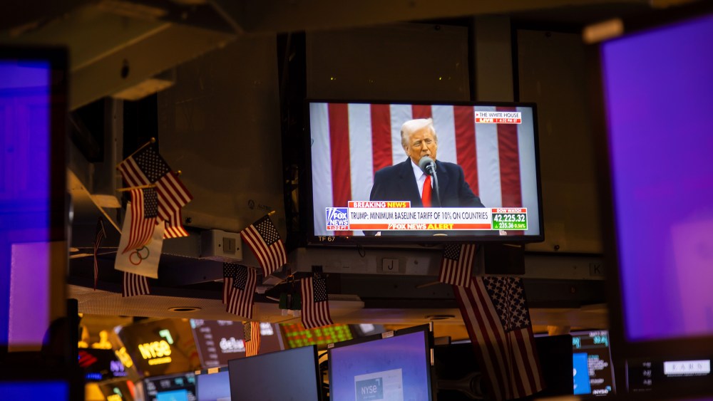A television on the floor of the New York Stock Exchange in New York City on April 2, 2025, shows President Donald Trump speaking during a Rose Garden event.