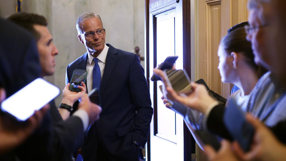 Senate Majority Leader John Thune speaks to members of the press on June 2, 2025 in Washington, D.C.