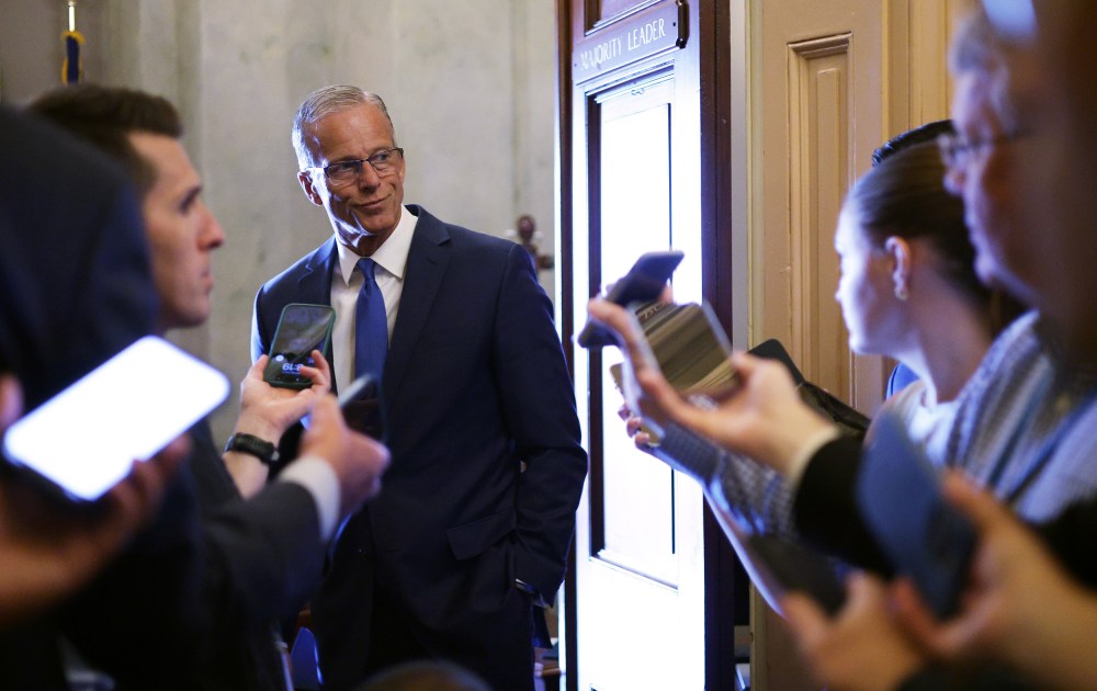 Senate Majority Leader John Thune speaks to members of the press on June 2, 2025 in Washington, D.C.