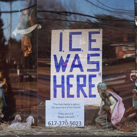 The Nativity scene at St. Susanna Parish displays a sign that reads "ICE WAS HERE" on Dec. 3, 2025.
